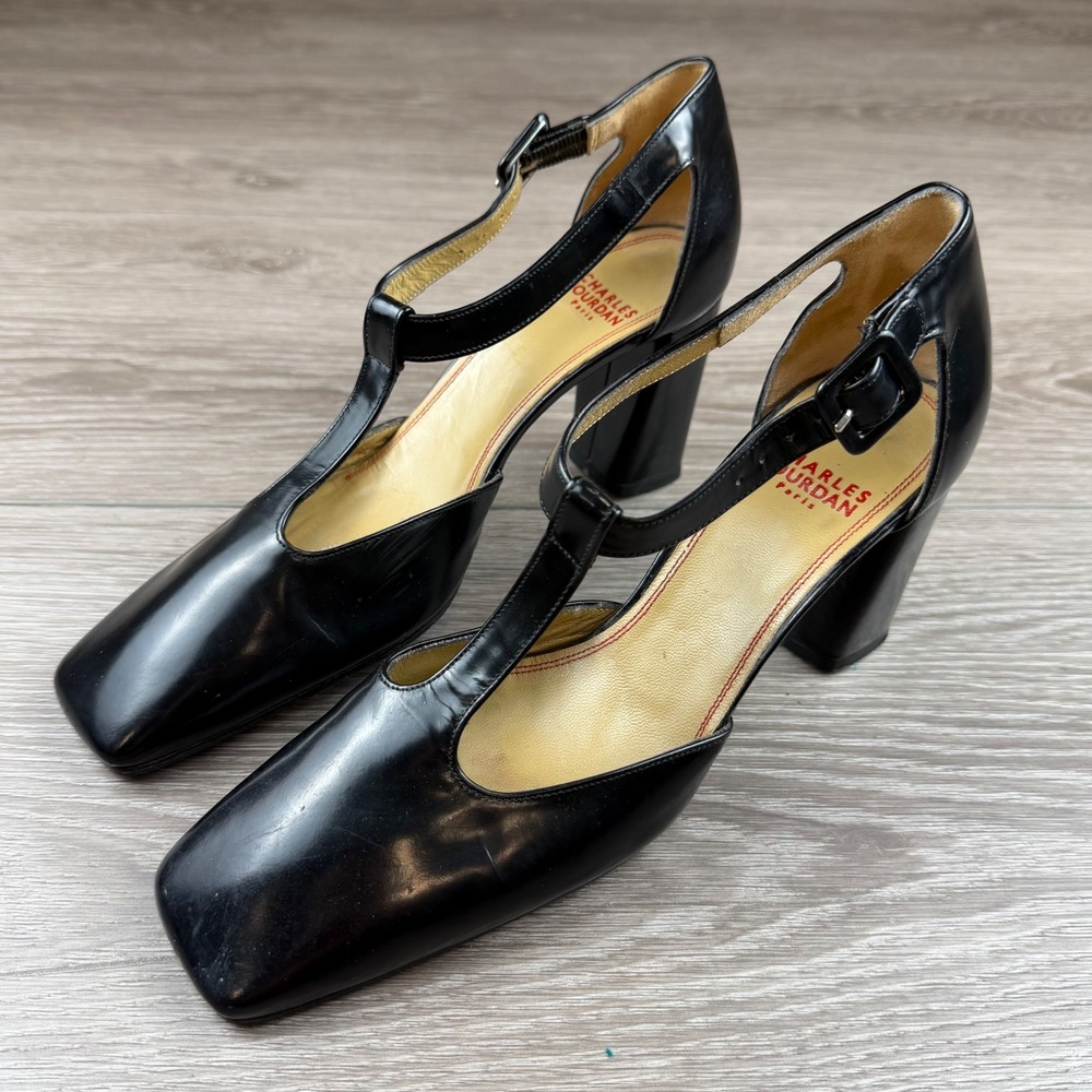 Charles Jourdan Womens T-Strap Square Toe Block Heel Pumps Black 6.5